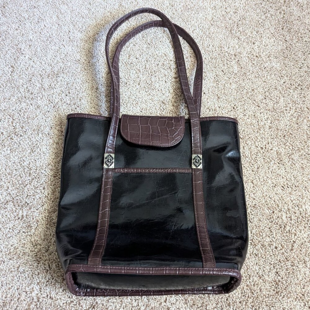 VTG Avon Natori Tote Womens Black Brown Croc Grommets Cotton Lined Vegan Leather